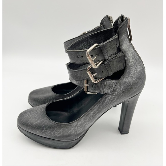 J Crew Loxley Buckle Platform Leather Heels Size 6.5 Black Gray Distressed Italy - Picture 3 of 9